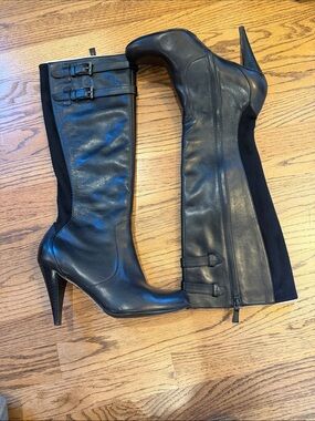 Cole Haan x Nike Air Black Leather Knee-High Heel Boots with Buckle Detail